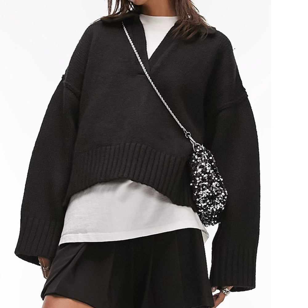 Topshop Chunky Knit V-Neck Collared Cropped Side Slit Pullover Sweater Small 4-6